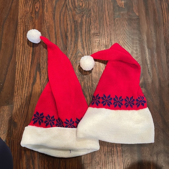 Set of 2 Red Knit Santa Hats with Blue Snowflakes. - Picture 2 of 4